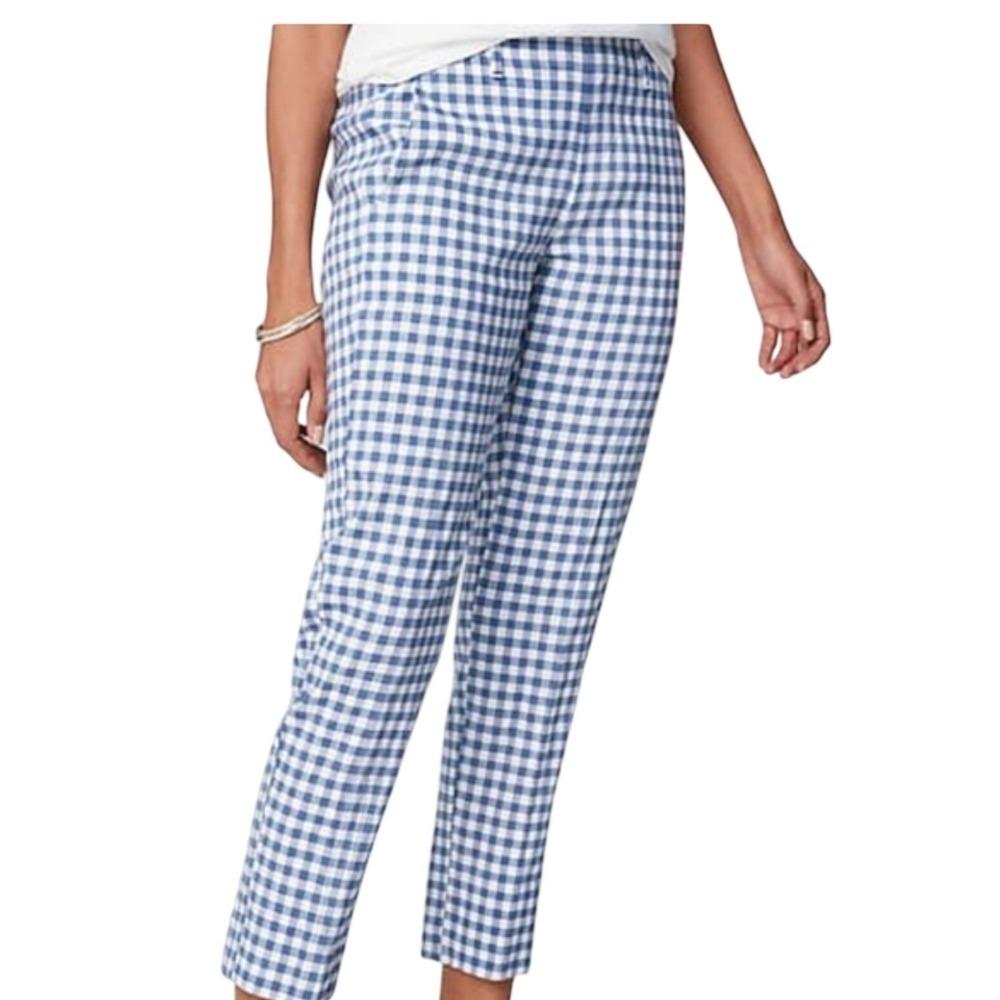 J Jill Linen Stretch Pants Women L Blue Gingham Check Crop‎ Cottagecore Picnic